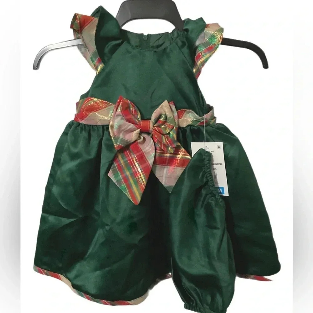 Rare Editions Green Christmas Baby Girl Satin Plaid Dress Size 24 Months NWT